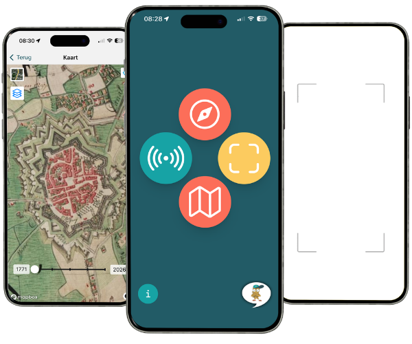 Three smartphone screens with the ErfgoedApp - overview of heritage tours, interactive map, and augmented reality features