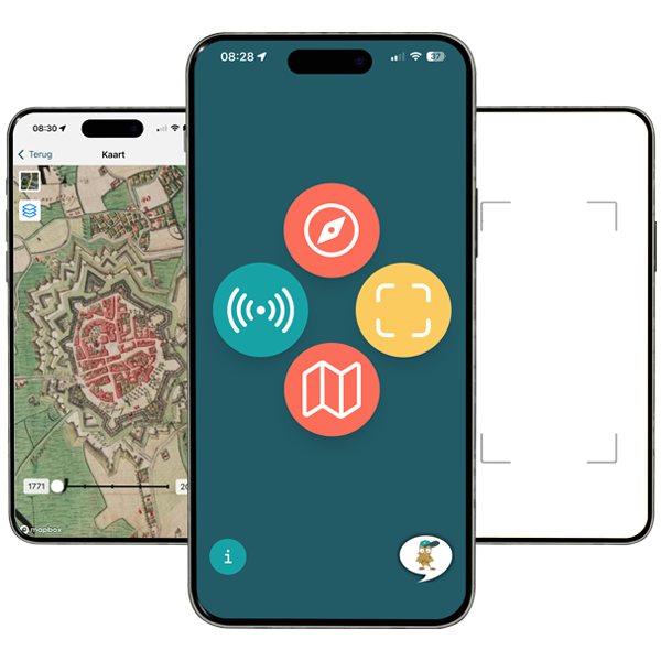 Three smartphone screens with the ErfgoedApp - overview of heritage tours, interactive map, and augmented reality features