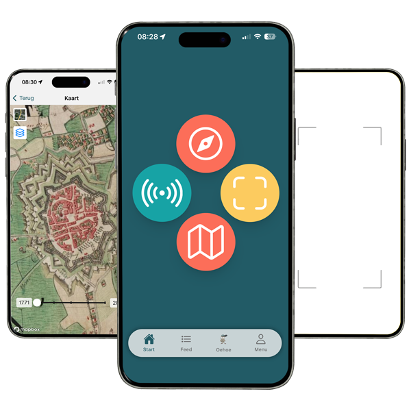 Three smartphone screens with the ErfgoedApp - overview of heritage tours, interactive map, and augmented reality features